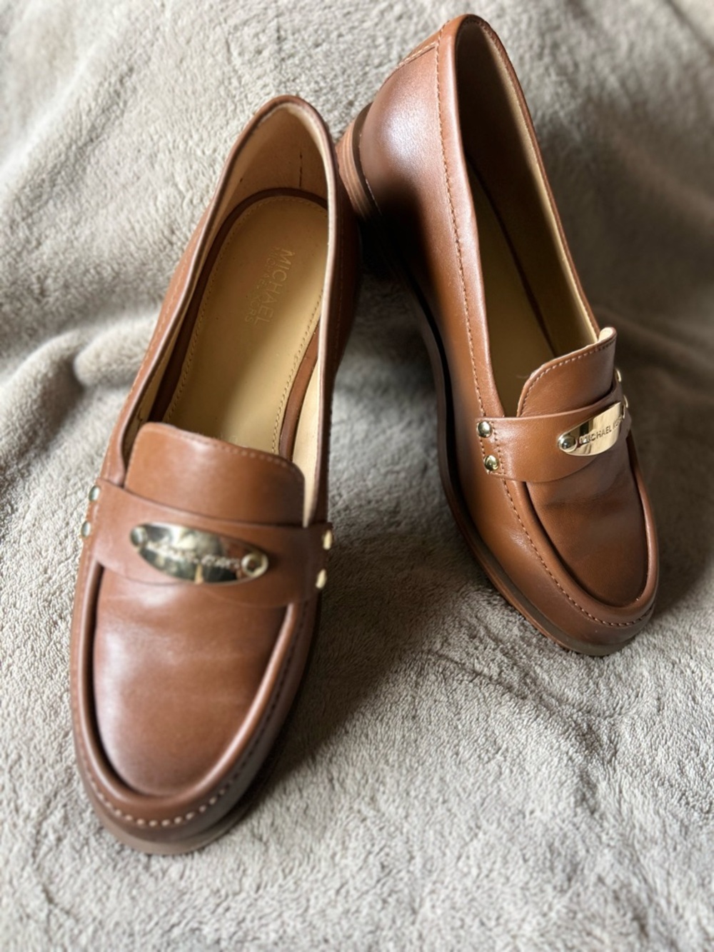 Michael Kors Brown Leather Penny Loafers with Gold Accents